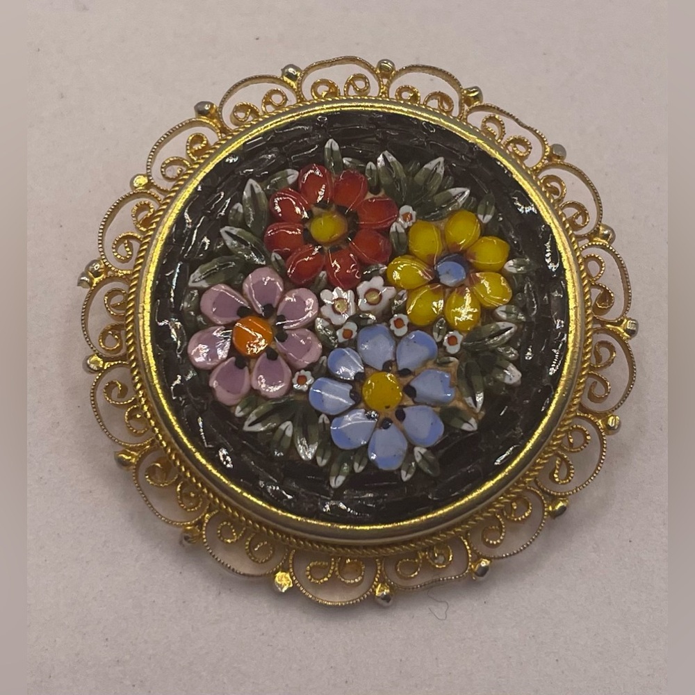 Vintage Micro Mosaic Round Gold Tone Colorful Floral Design Brooch Signed Italy
